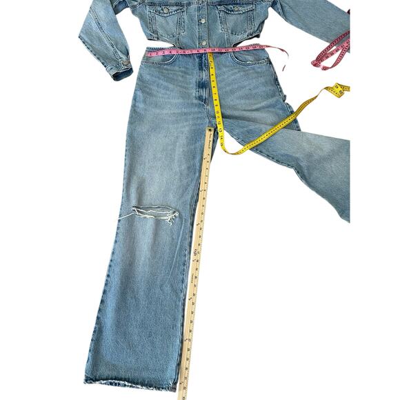 Zara Women Blue Full Length Wide Leg Denim Jumpsuit With Side Cut-Outs Size XL - Picture 5 of 9